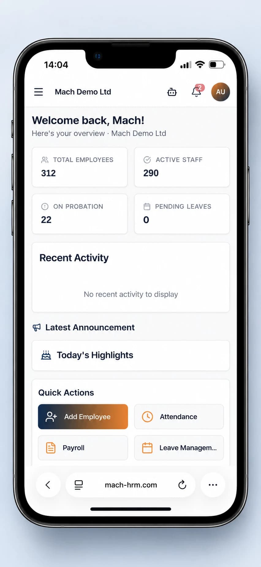 MACH-HRM dashboard on the mobile app
