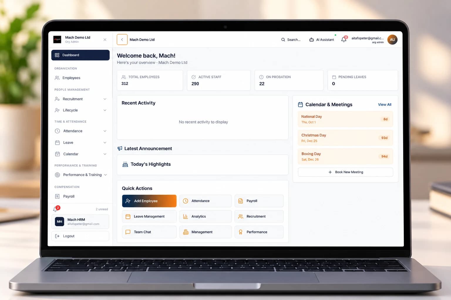 MACH-HRM dashboard on desktop, showing employee counts, quick actions and upcoming holidays